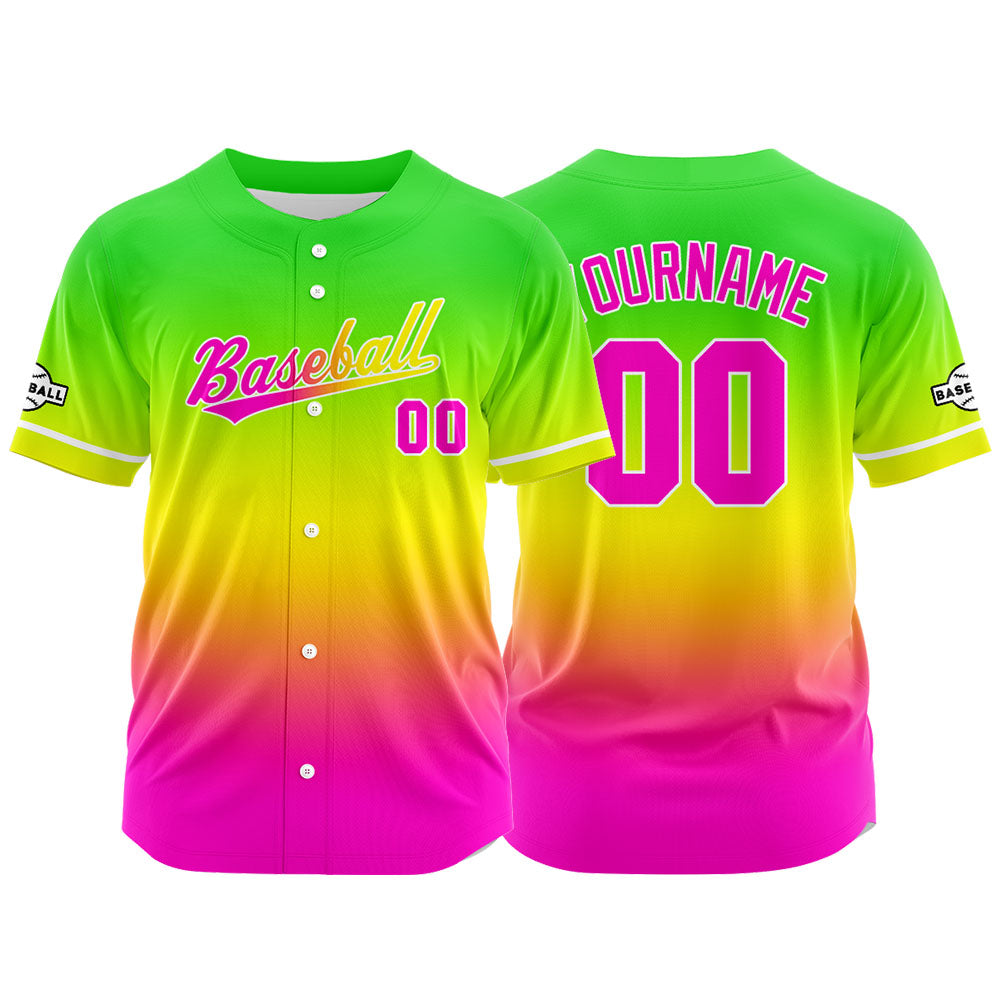 Dise?o personalizado de camiseta de béisbol con estampado completo en rojo rosa amarillo y verde