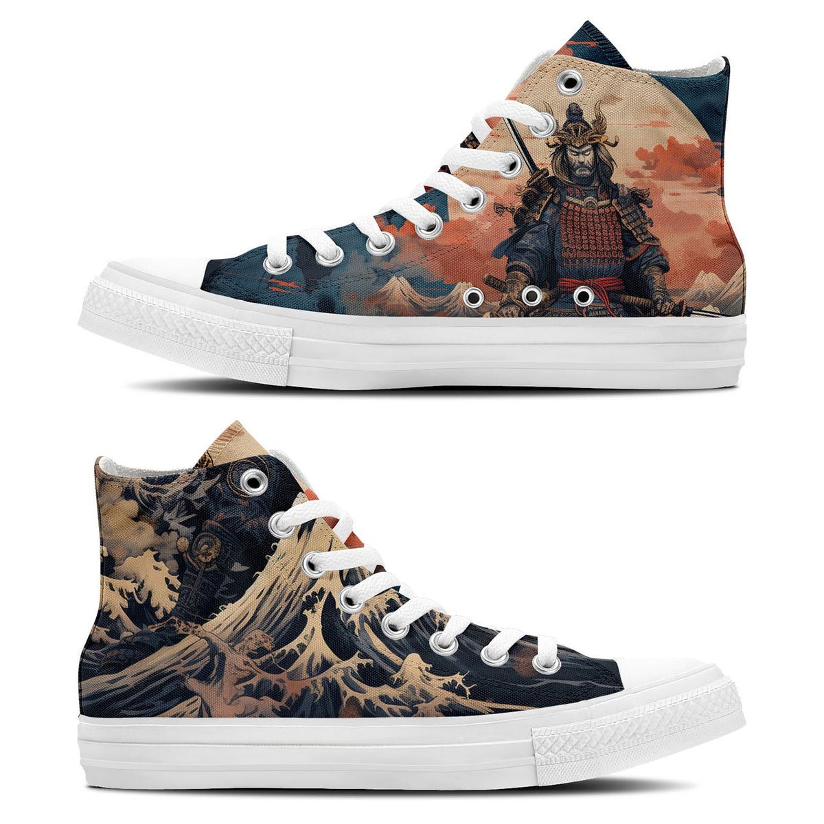 Estilo Swordplay Chic: Zapatillas de lona de caña alta con motivos de samuráis japoneses: una declaración de moda atrevida para ambos sexos