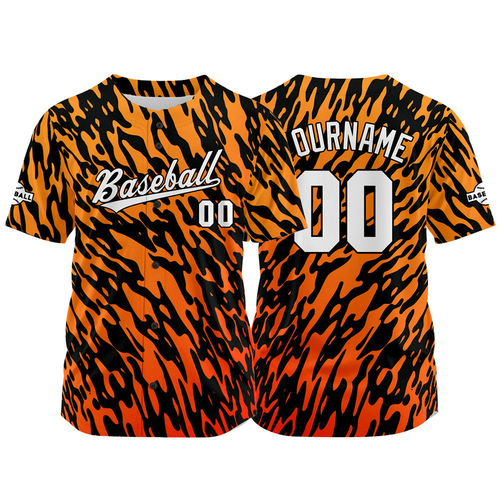 Camiseta de béisbol con dise?o personalizado estampado completo color naranja y negro