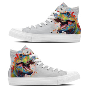 Caleidoscopio Jurásico: Zapatillas de lona de media caña para hombre y mujer -Recorre la jungla de la moda con arte inspirado en dinosaurios-una fusión de diseños coloridos y un estilo Dots divertido