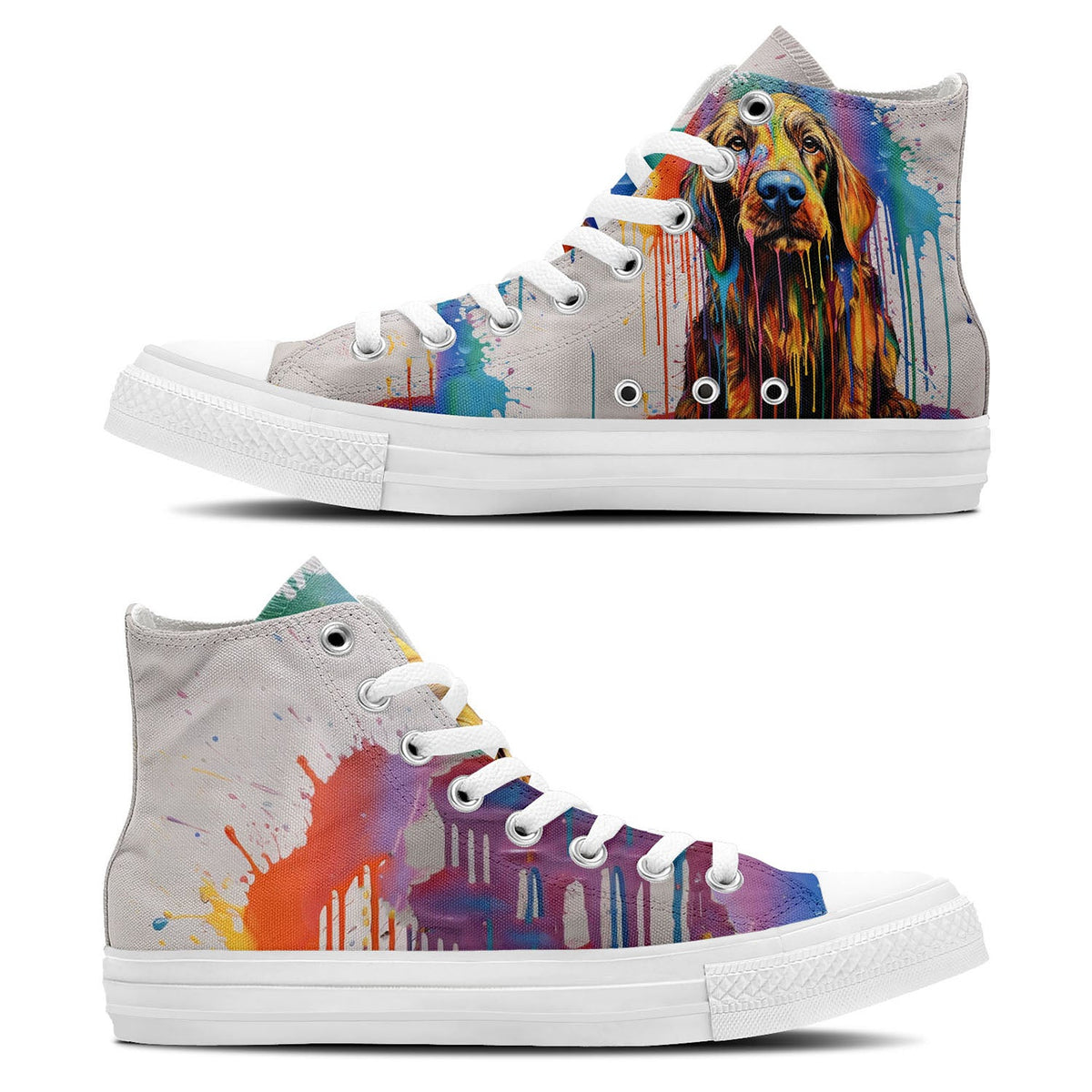 Compañeros coloridos: Zapatillas de lona de caña alta con ilustraciones de perros con efecto de goteo: ¡desata tu estilo con cada paso-con un toque de moda canina!