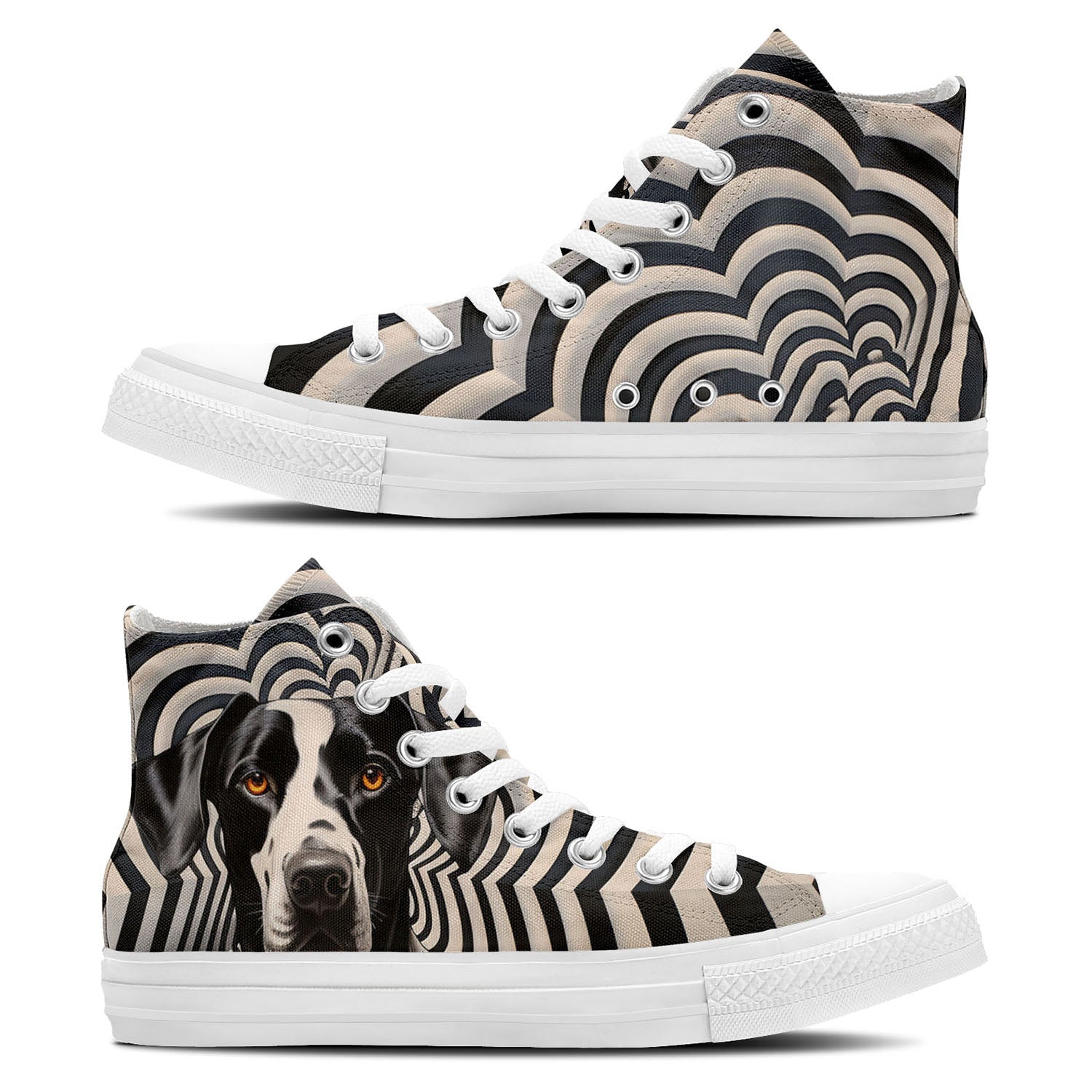 Canine Canvas: Zapatillas de lona de media caña para hombre y mujer -Déjese cautivar por el arte del mejor amigo del hombre con imágenes de perros en estilo Op Art