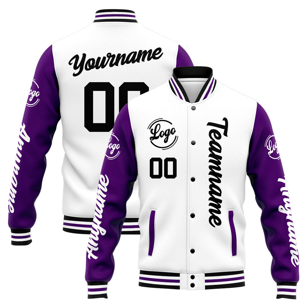 Chaqueta universitaria personalizada estilo Letterman para hombres-mujeres y jóvenes-color morado y blanco