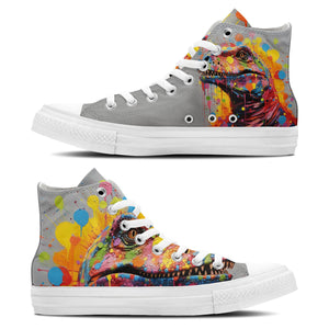 Dinosaurios con lunares: realza tu estilo con zapatillas de lona de caña alta -Moda unisex con divertidos estampados de dinosaurios en una cautivadora mezcla de color y fantasía de lunares
