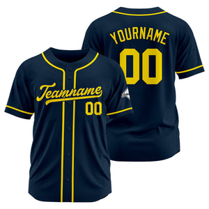 Camiseta de béisbol personalizada con diseño bordado & estilo hip hop & azul marino y amarillo