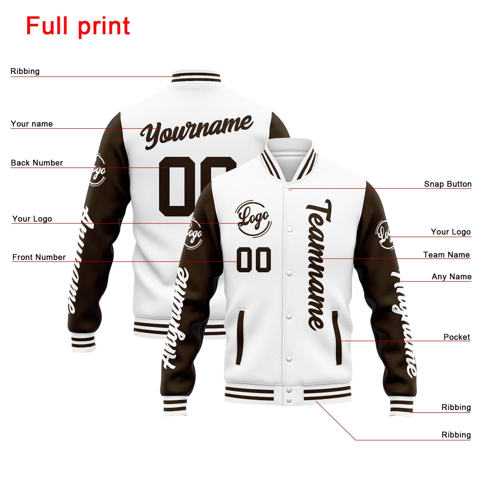 Chaqueta universitaria personalizada estilo Letterman para hombres-mujeres y jóvenes-color blanco y marrón