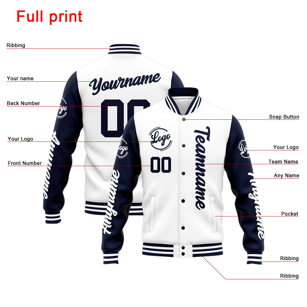 Chaqueta universitaria personalizada estilo Letterman para hombres-mujeres y jóvenes-color azul marino y blanco