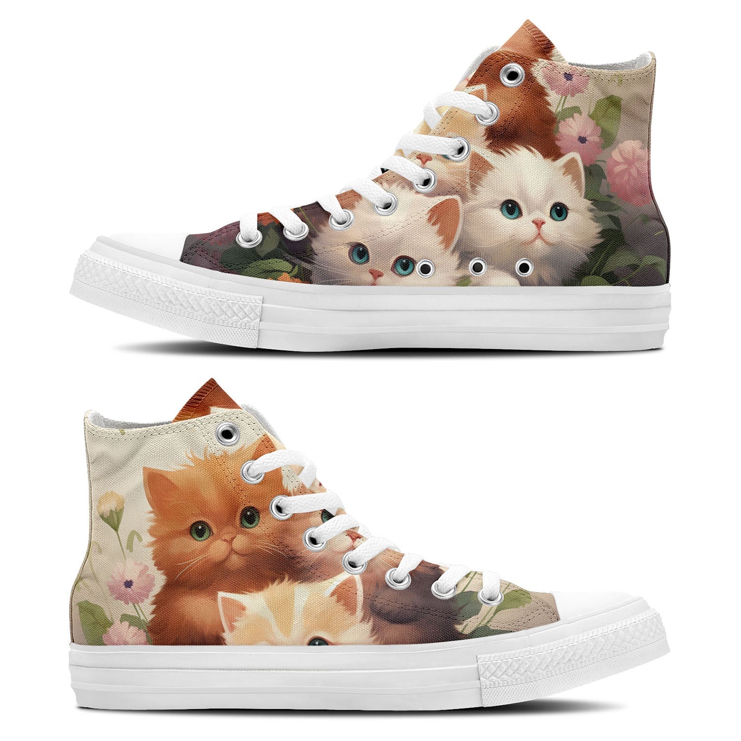 Whiskers Wonderland: Adéntrate en la ternura unisex con nuestras adorables zapatillas de lona de corte medio-con divertidos diseños de gatitos para hombres y mujeres