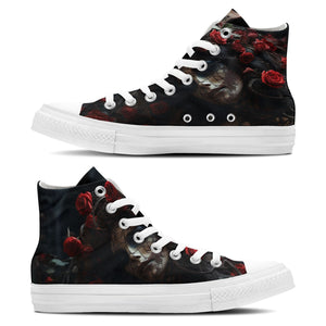 Fragancia sangrienta: Rosas rojas y calaveras se unen-zapatillas de lona de media caña que despiertan un sentido de la moda único