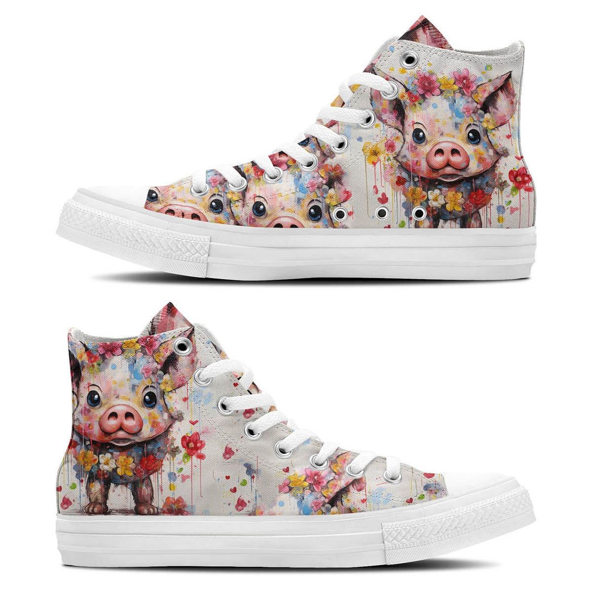Whimsical Piggies: Zapatillas unisex de media caña de lona: Adéntrate en un mundo mágico con divertidos estampados de cerditos para hombre y mujer