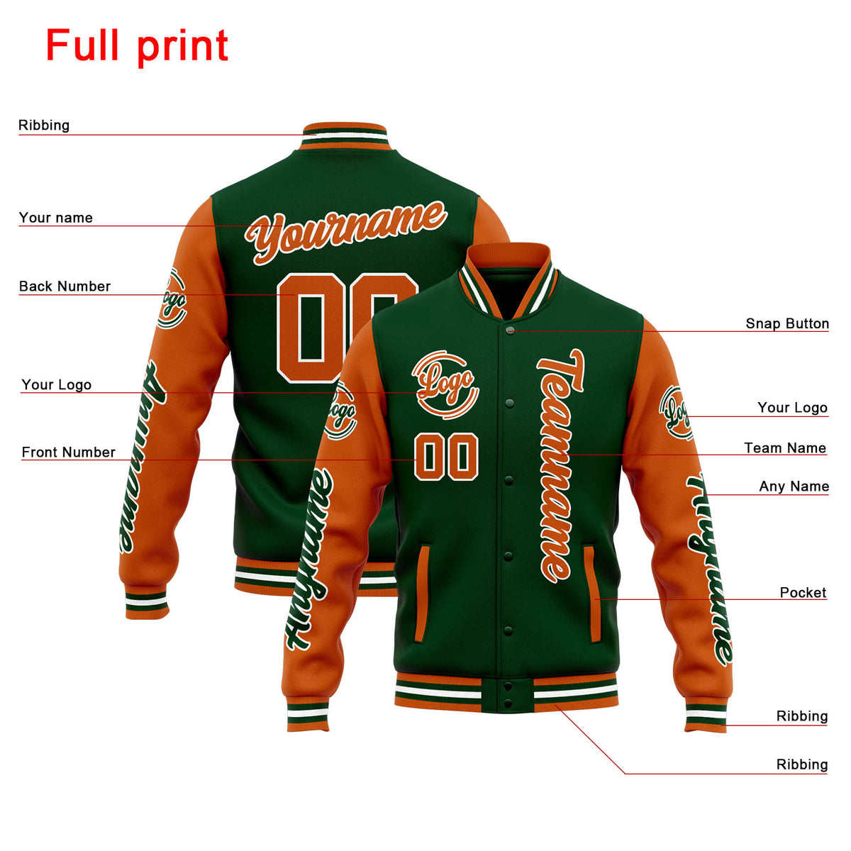 Chaqueta universitaria personalizada estilo Letterman para hombres-mujeres y jóvenes-color verde oscuro y naranja