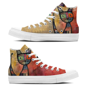 Abstract Purrfection: Zapatillas de lona de media caña para hombre y mujer: realza tu estilo con estas zapatillas de lona de caña media que presentan la elegante y divertida estética de los diseños de gatos