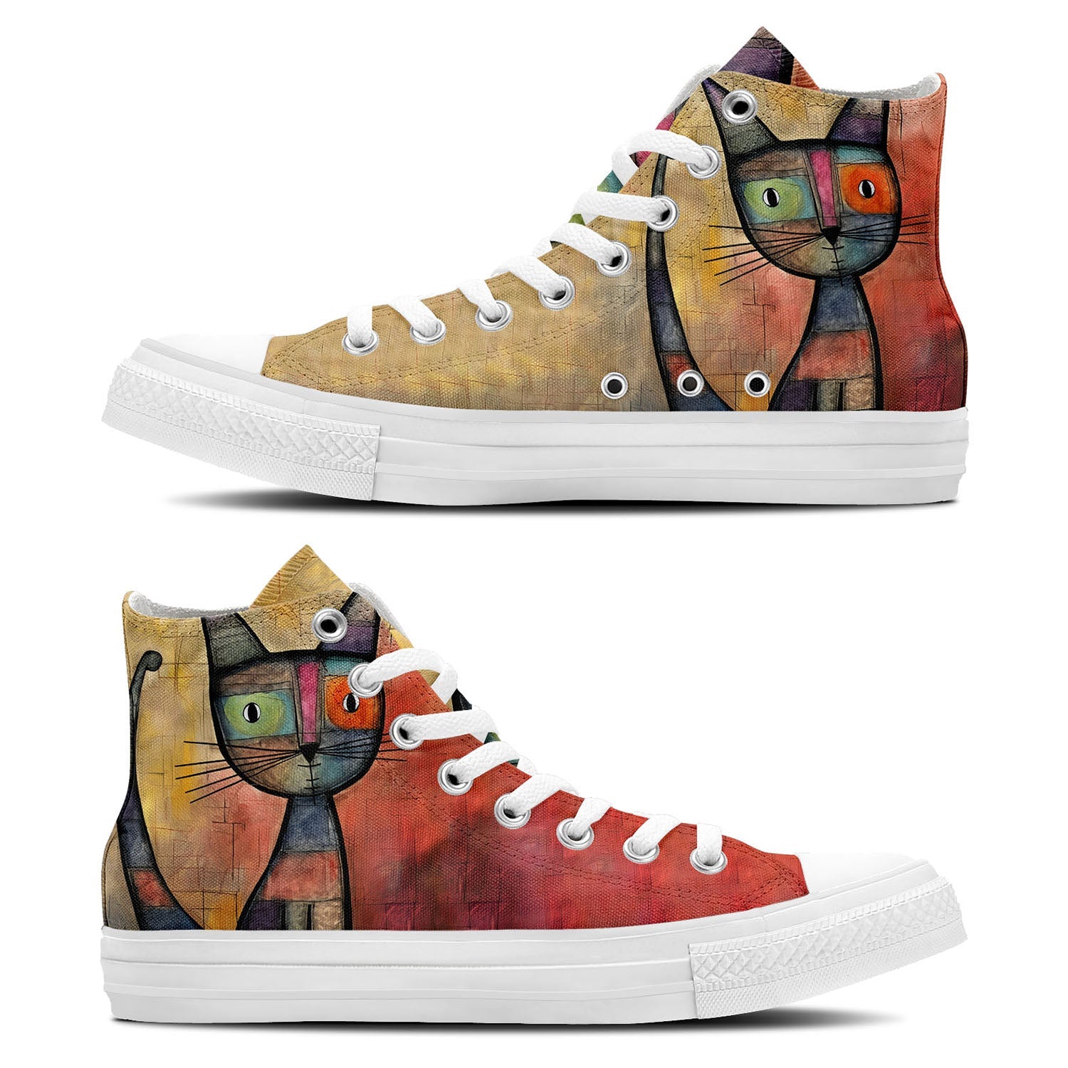 Abstract Purrfection: Zapatillas de lona de media caña para hombre y mujer: realza tu estilo con estas zapatillas de lona de caña media que presentan la elegante y divertida estética de los diseños de gatos