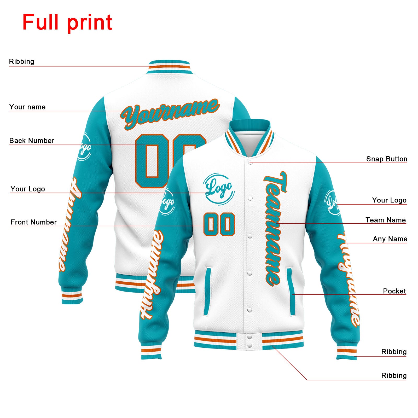 Chaqueta universitaria personalizada estilo Letterman para hombres-mujeres y jóvenes-color blanco y verde azulado