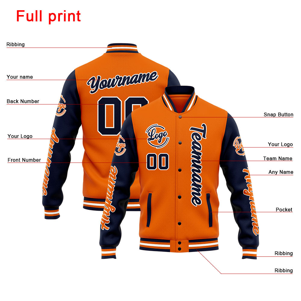 Chaqueta universitaria personalizada estilo Letterman para hombres-mujeres y jóvenes-color azul marino y naranja