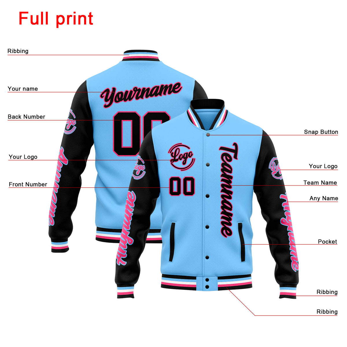 Chaqueta universitaria personalizada estilo Letterman para hombres-mujeres y jóvenes-color azul claro y negro