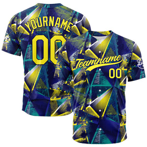 Camiseta de béisbol con dise?o personalizado estampado completo en amarillo y azul
