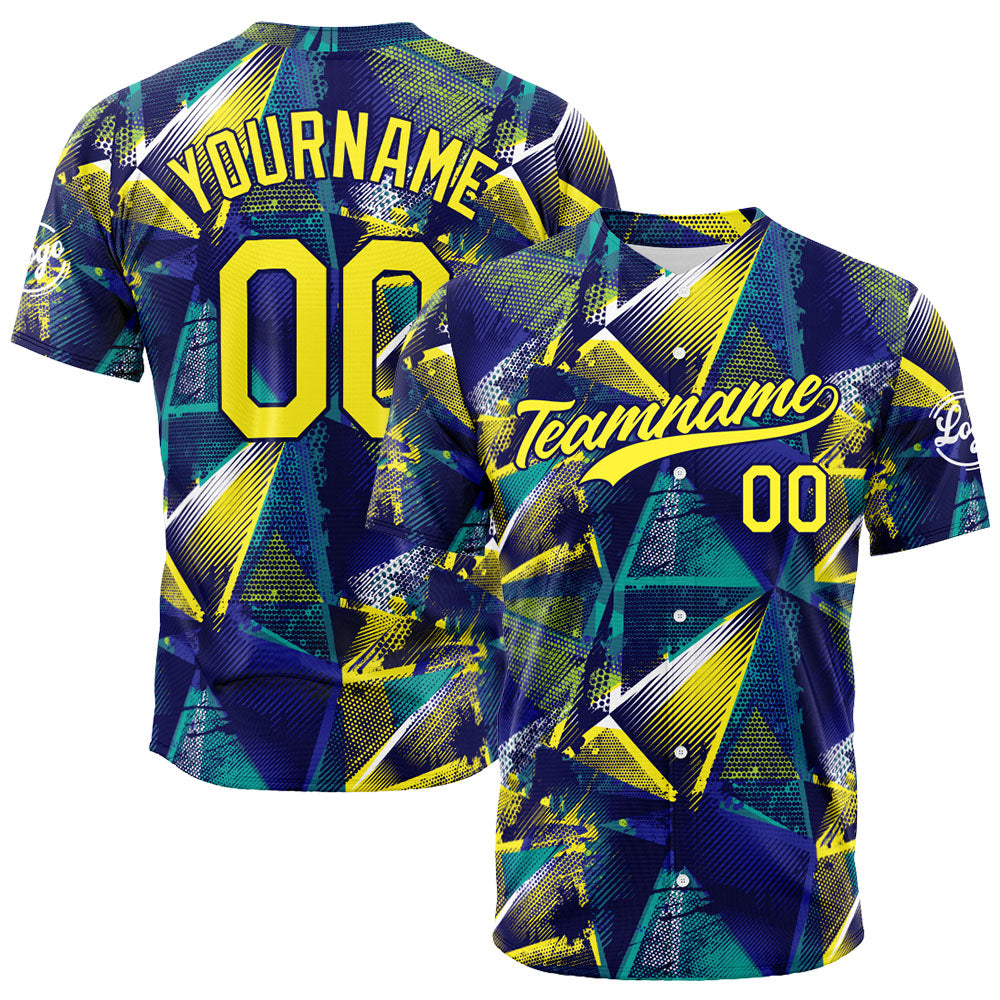 Camiseta de béisbol con dise?o personalizado estampado completo en amarillo y azul