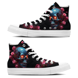 Skull Symphony: Zapatillas unisex de media caña de lona -Adéntrate en una vibrante melodía de color con un diseño de lápiz inspirado en calaveras para hombres y mujeres