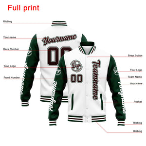 Chaqueta universitaria personalizada estilo Letterman para hombres-mujeres y jóvenes en colores blanco-verde y marrón