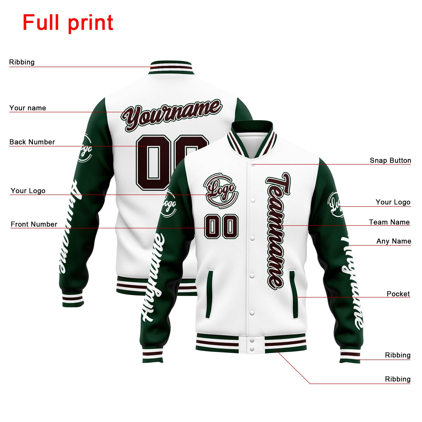 Chaqueta universitaria personalizada estilo Letterman para hombres-mujeres y jóvenes en colores blanco-verde y marrón