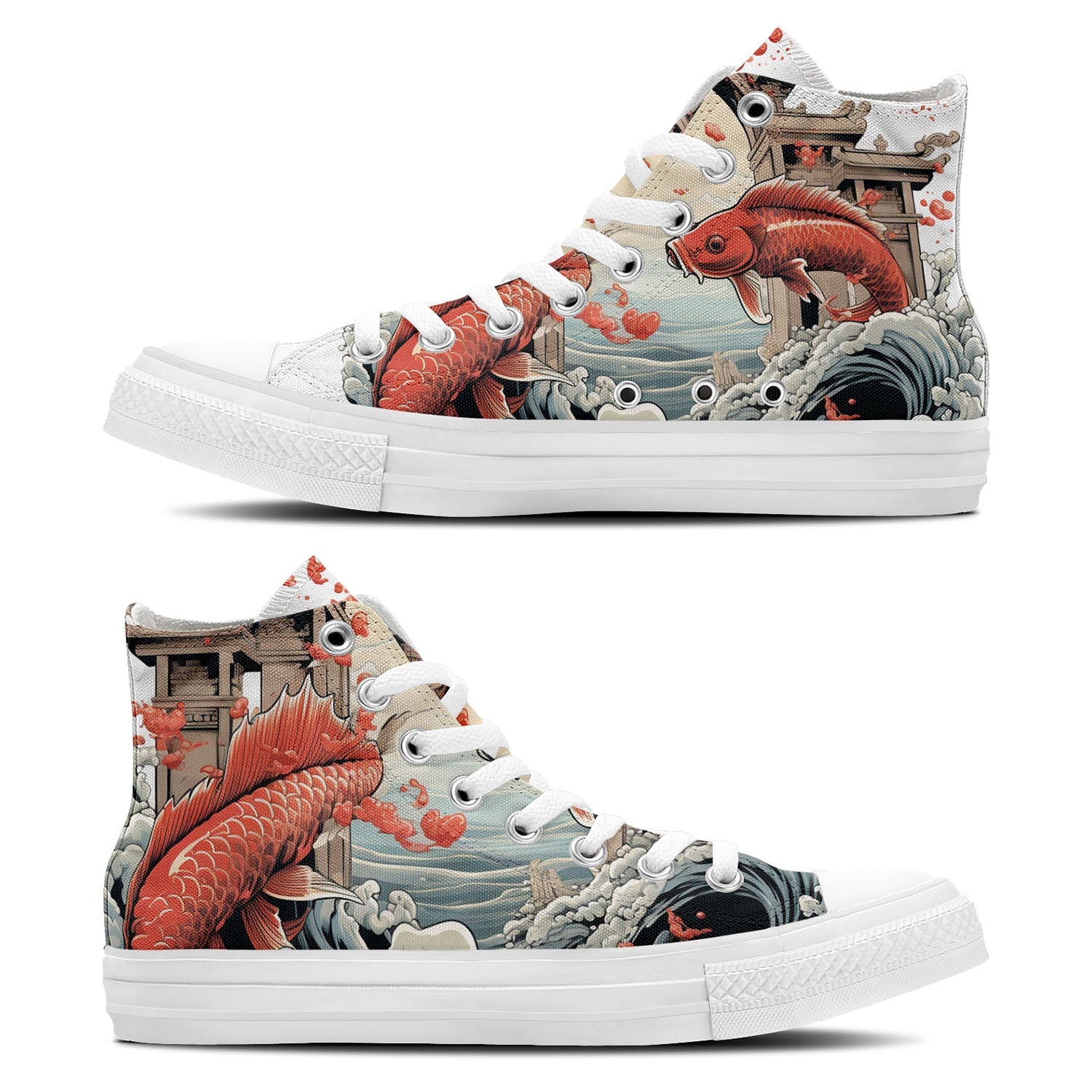 Lo tradicional se une a lo moderno: Zapatillas de lona de media caña que ilustran el milagro de los peces koi saltando sobre la Puerta del Dragón para hombre y mujer