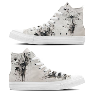 Dragonfly Dreams: Zapatillas de lona de caña alta con diseño de tinta japonesa -Moda unisex inspirada en el arte de Oriente