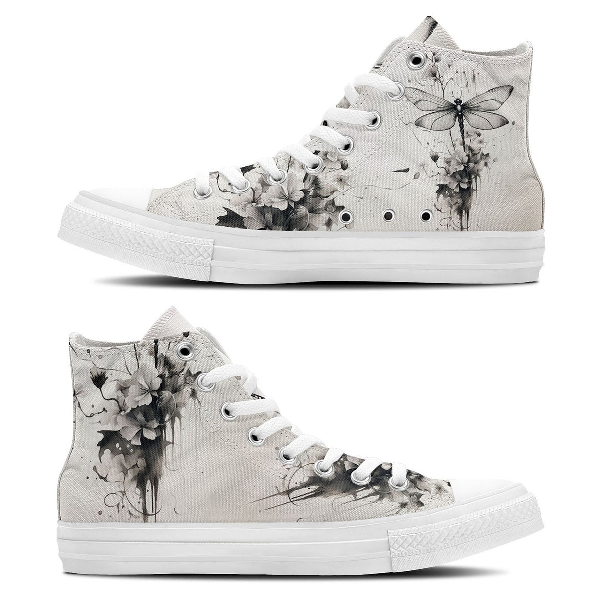 Dragonfly Dreams: Zapatillas de lona de caña alta con diseño de tinta japonesa -Moda unisex inspirada en el arte de Oriente