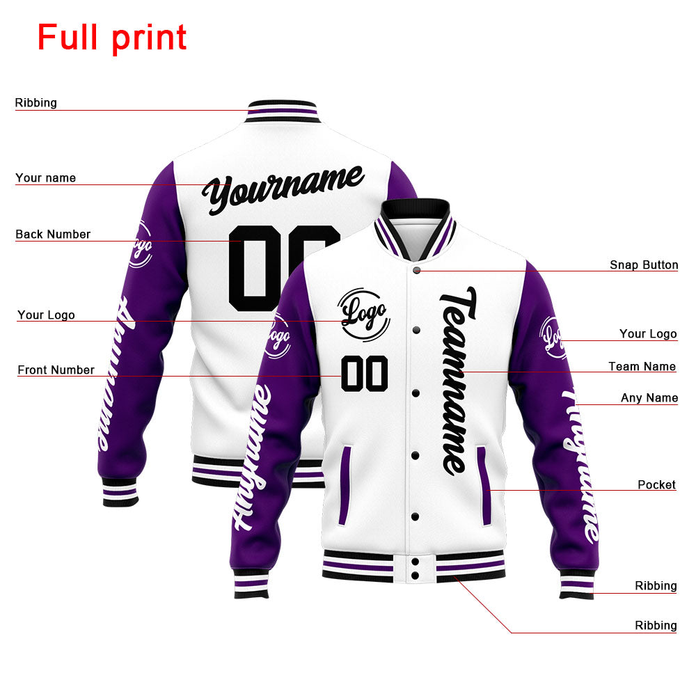 Chaqueta universitaria personalizada estilo Letterman para hombres-mujeres y jóvenes-color morado y blanco