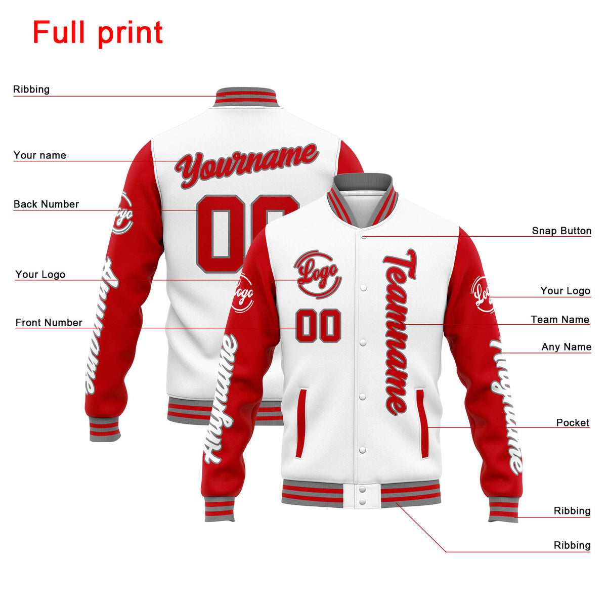 Chaqueta universitaria personalizada estilo Letterman para hombres-mujeres y jóvenes-color blanco y rojo