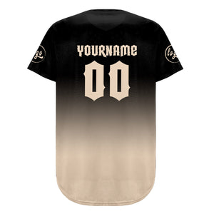 Camiseta de béisbol personalizada negra y beige con degradado uniformes de equipo con nombre y número
