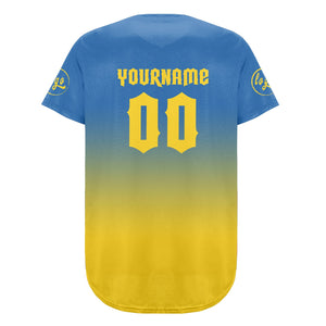 Camiseta de béisbol personalizada azul y amarilla con degradado uniformes de equipo con nombre y número