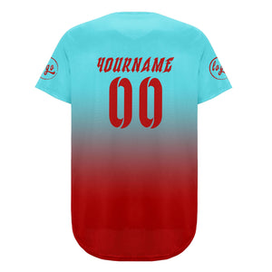 Camiseta de béisbol personalizada azul y roja con degradado uniformes de equipo con nombre y número