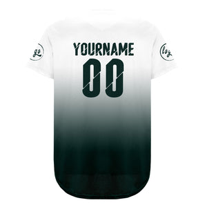 Camiseta de béisbol personalizada blanca y verde oscuro con degradado uniformes de equipo personalizados con nombre y número