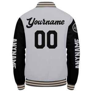 Chaquetas universitarias personalizadas en gris & negro y crema para hombres & mujeres y jóvenes & Chaquetas Letterman personalizadas