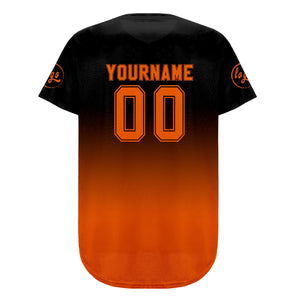 Camiseta de béisbol personalizada negra y naranja con degradado uniformes de equipo con nombre y número