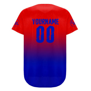 Camiseta de béisbol personalizada roja y azul con degradado uniformes de equipo con nombre y número
