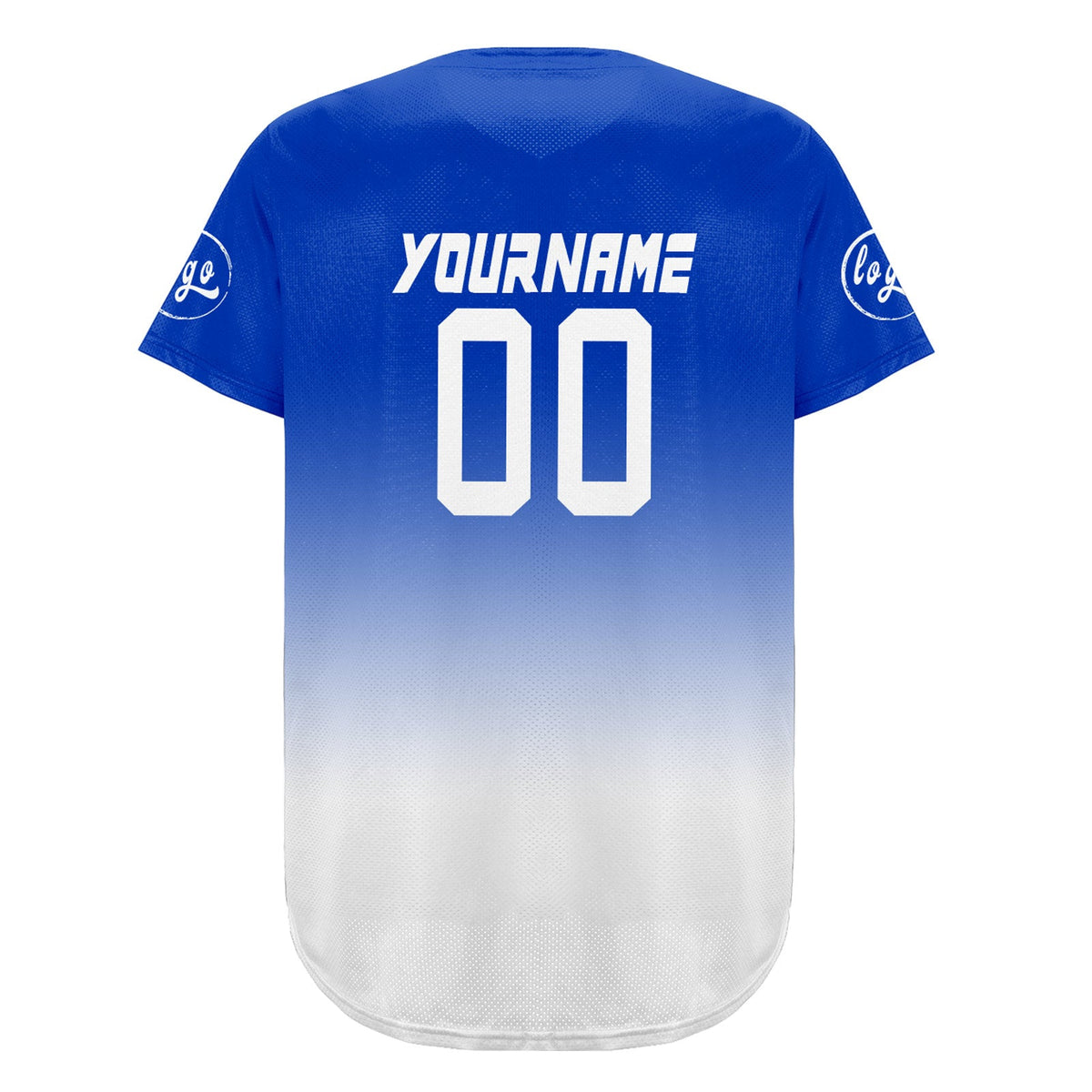 Camiseta de béisbol personalizada blanca y azul con degradado uniformes de equipo con nombre y número