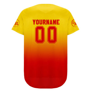 Camiseta de béisbol personalizada amarilla y roja con degradado uniformes de equipo personalizados con nombre y número