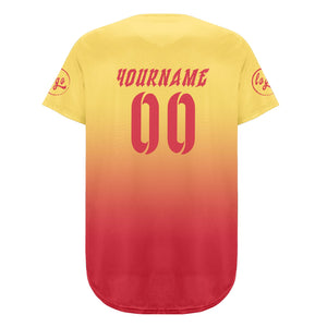 Camiseta de béisbol personalizada amarilla y roja con degradado uniformes de equipo personalizados con nombre y número