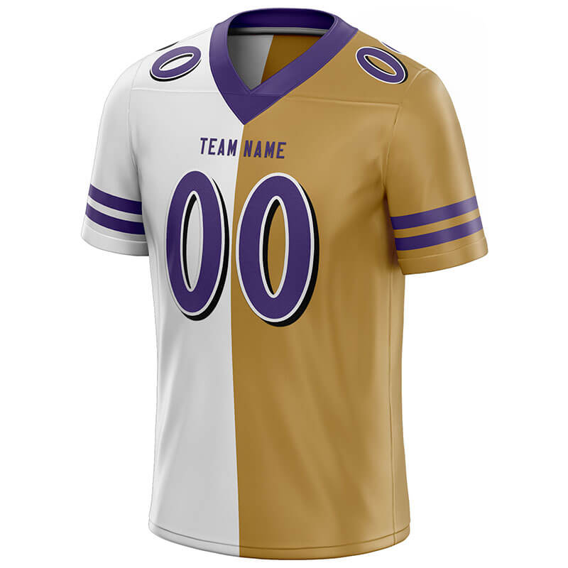 custom authentic split fashion football jersey gold-white-purple mesh