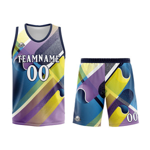 Uniforme de baloncesto personalizado azul marino y morado con tu logotipo-nombre y número impresos