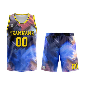Uniforme de baloncesto personalizado amarillo y azul con tu logotipo-nombre y número impresos
