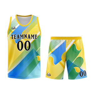 Uniforme de baloncesto personalizado amarillo y azul con tu logotipo-nombre y número impresos