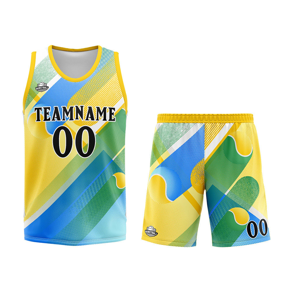 Uniforme de baloncesto personalizado amarillo y azul con tu logotipo-nombre y número impresos