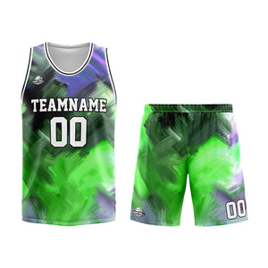 Uniforme de baloncesto personalizado verde y morado con tu logotipo-nombre y número impresos