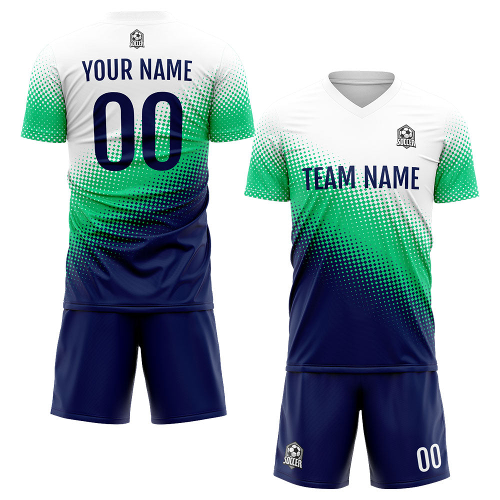 Conjunto personalizado de uniforme de fútbol para niños y adultos: camiseta azul marino & verde y blanca