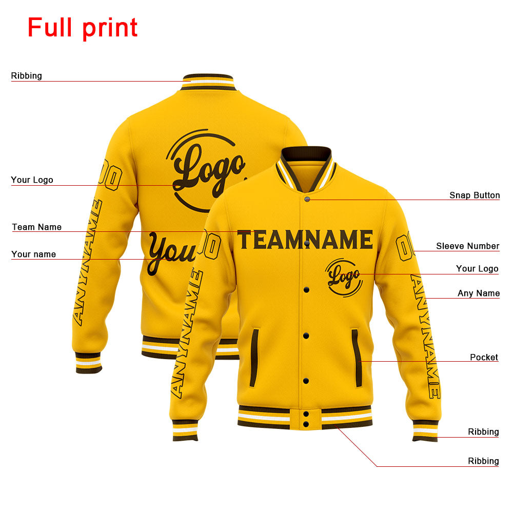 Chaqueta universitaria personalizada estilo Letterman para hombres-mujeres y jóvenes-color marrón y amarillo