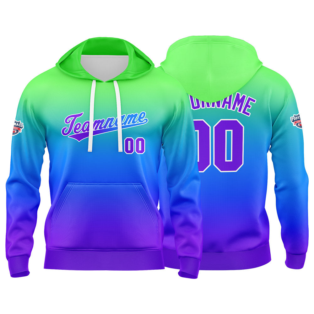 Sudadera con capucha personalizada con degradado para hombre-mujer-niña o niño Estampa tu logotipo-nombre o número en verde-azul o morado