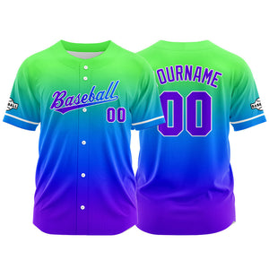 Dise?o personalizado de camiseta de béisbol con estampado completo en tonos morado azul y verde